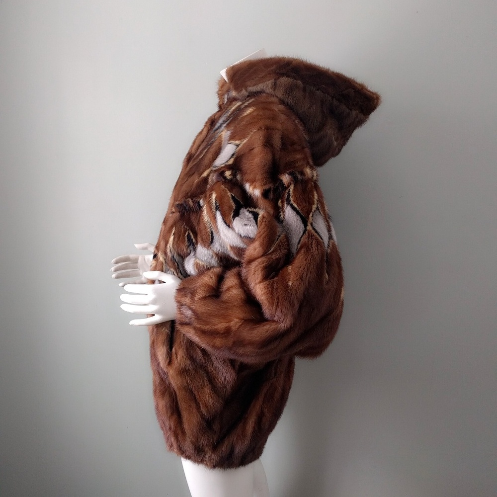 Quilted Patchwork Mink Fur Batwing Hooded Bomber M - Picture 5 of 8